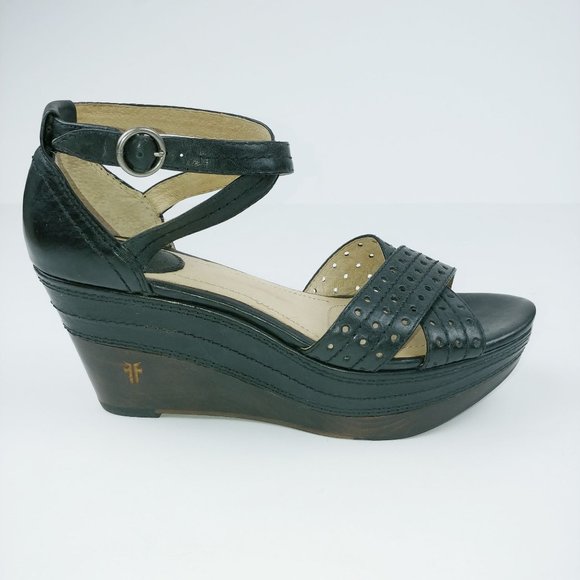 Frye Shoes - Frye Black Leather Carlie Perf Platform Wedge Sandal 8.5